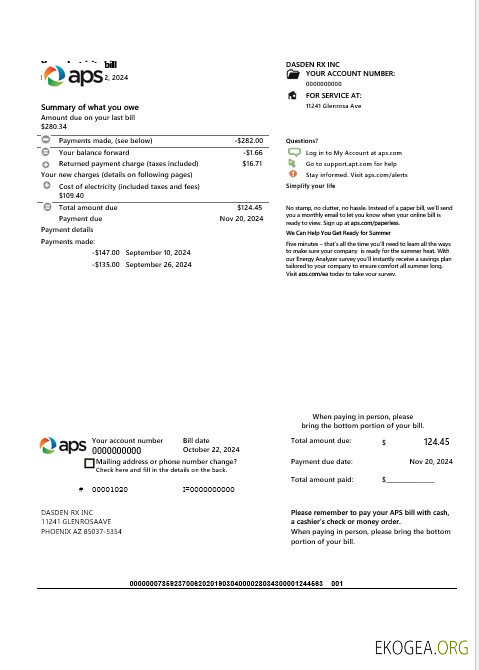 USA Arizona APS preuve d'adresse d'électricité modèle de facture de services publics aux formats Word et PDF